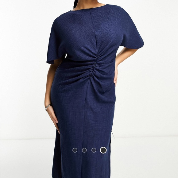 🆕 ASOS DESIGN Curve linen-look flutter sleeve midi dress with ruching in navy - Picture 4 of 4